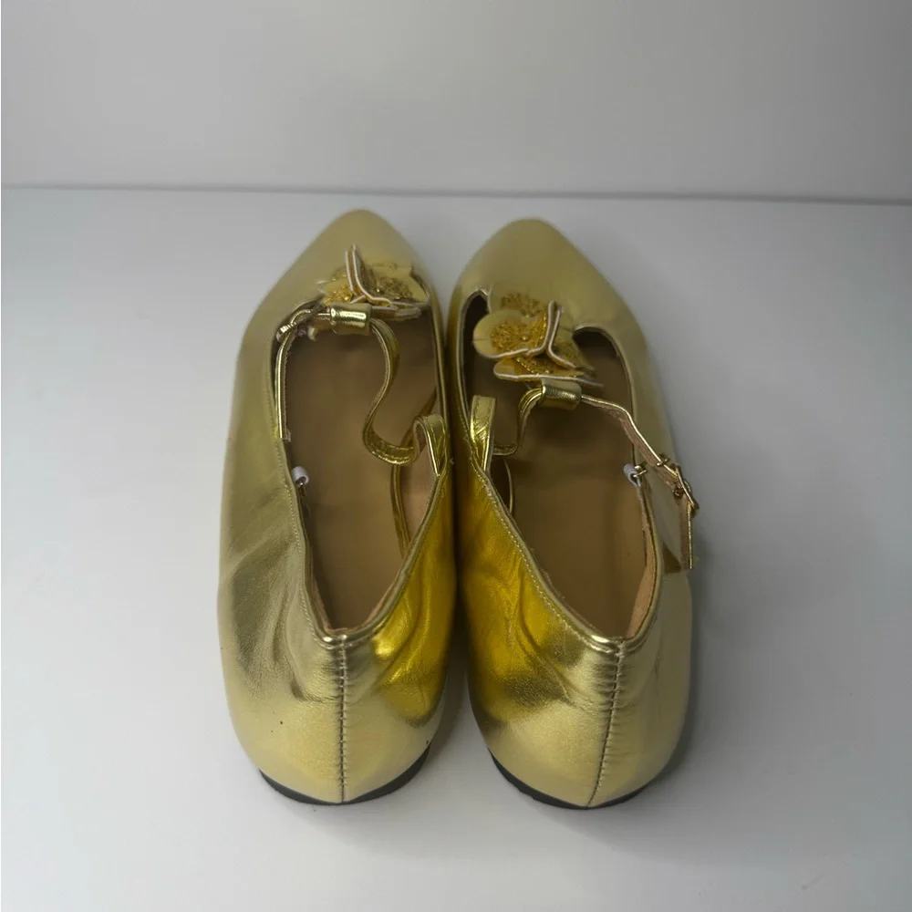 Vintage Pointy Toe Metal Gold Decorative Buckles T Strap Mary Jane Shoes Sz 40/9